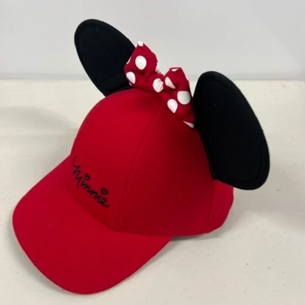 Disney Minnie Mouse Red Baseball Cap 3D Ears Polka Dot Bow Snapback Hat Womens
